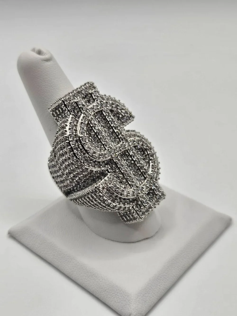 Iced Out Silver Filled Dollar Sign Ring 5A CZ Size 9 Heavy 37g